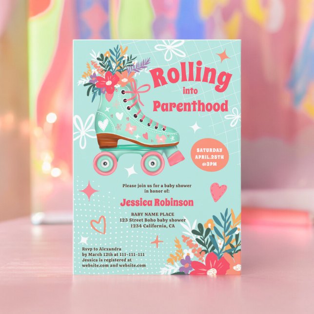 Retro Blumenwalzenlaufbahn boho Babydusche Einladung (Retro floral teal roller skate boho baby shower invitation)