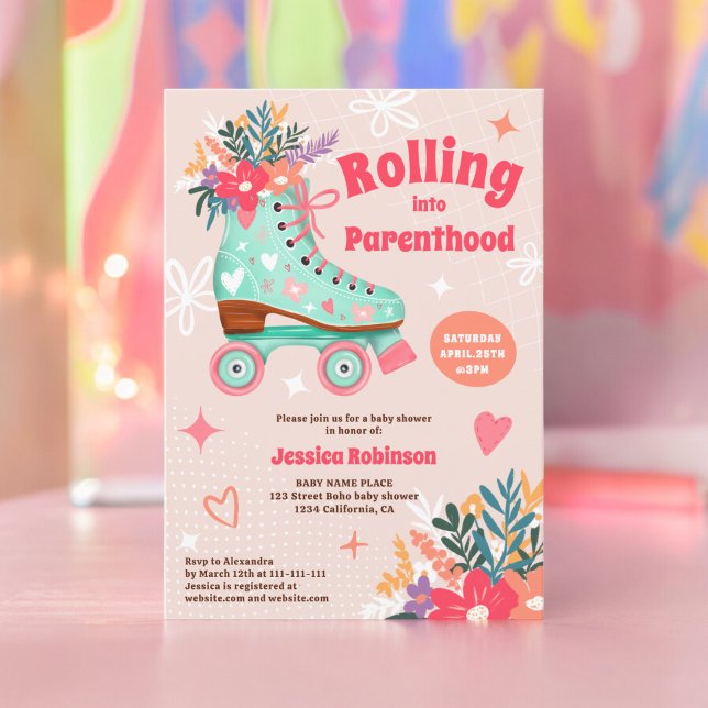 Retro Blumenwalzenlaufbahn boho Babydusche Einladung (Retro floral teal roller skate boho baby shower invitation)