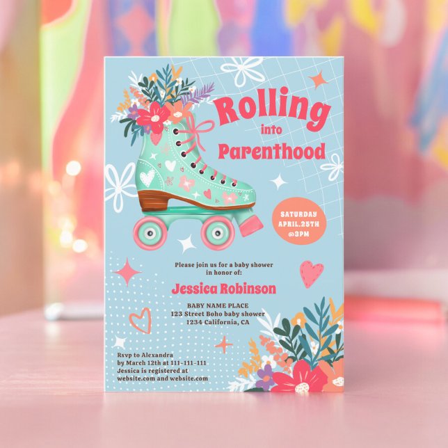 Retro Blumenwalzenlaufbahn boho Babydusche Einladung (Retro floral teal roller skate boho baby shower invitation blue)