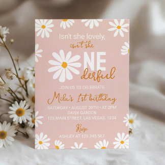 Retro Blush Pink Daisy Erster Geburtstag Einladung