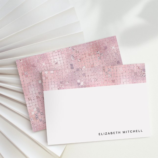 Retro Blush Pink Disco Ball Mirror | Monogramm Mitteilungskarte (Glam, disco-inspired note cards)