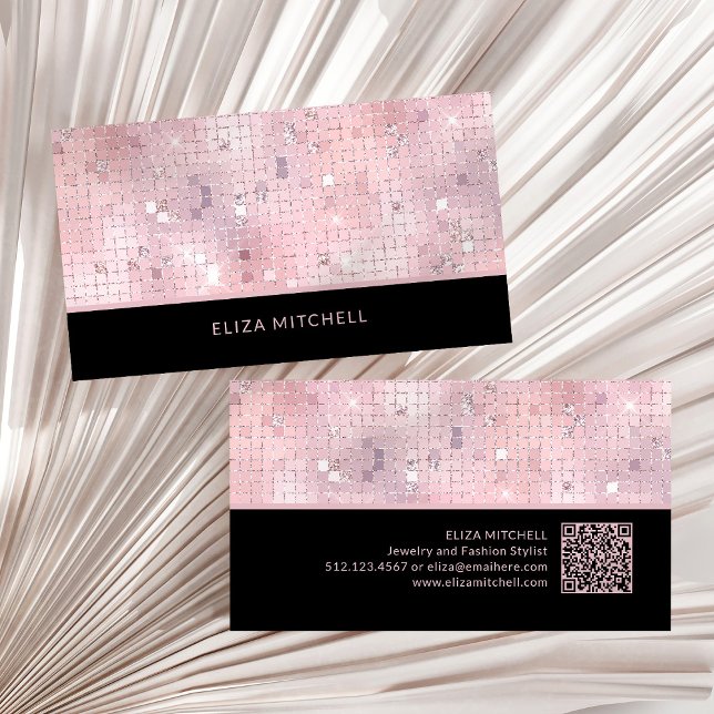 Retro Blush Pink Disco Ball Mirror | QR-Code Visitenkarte (A glam, disco-ball inspired business card in blush pink and black with a scannable QR code)