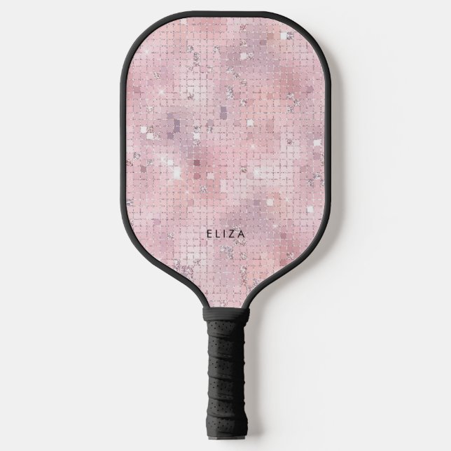 Retro Blush Pink Disco Mirror | Monogramm Pickleball Schläger (Vorderseite)