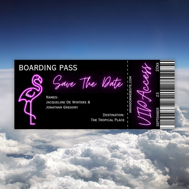 Retro Boarding Pass Neon Flamingo Save the Date Einladung (Von Creator hochgeladen)