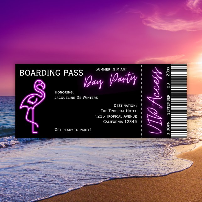 Retro Boarding Pass Neon Flamingo Summer Day Party Einladung (Von Creator hochgeladen)