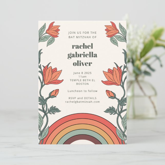 Retro Bohemisch Rainbow Floral Unique Bat Mitzvah Einladung (Stehend Vorderseite)