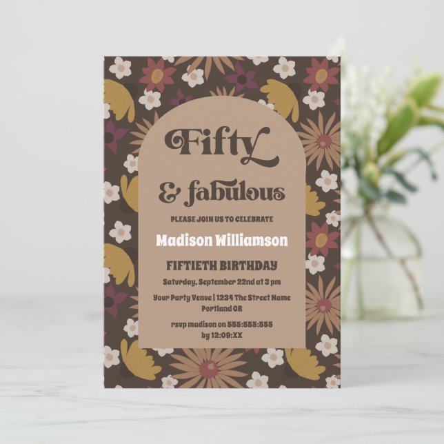 Retro Boho 1970s Floral 50 & Fabulous Birthday Inv Einladung
