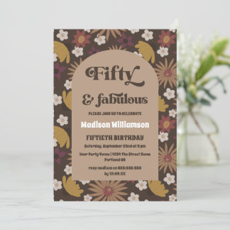 Retro Boho 1970s Floral 50 & Fabulous Birthday Inv Einladung
