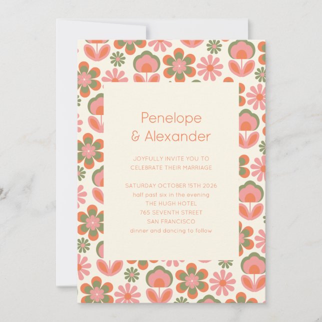 Retro Boho 70er Blume Rosa Grüne Hochzeit Einladung (Vorderseite)