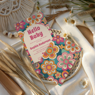 Retro Boho 70er Jahre Groovy Blumen Baby-Party Einladung
