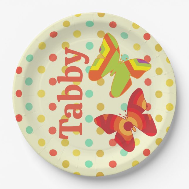 Retro boho 70er Streifen Polka Dot Schmetterlingor Pappteller (Vorderseite)