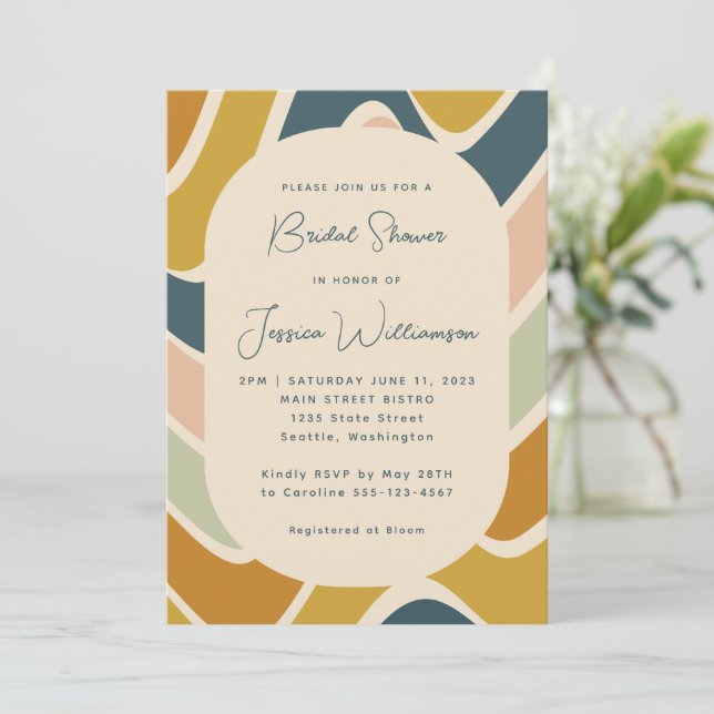 Retro Boho Abstrakt Wavy Pastel Aquamarines Brautp Einladung (Stehend Vorderseite)