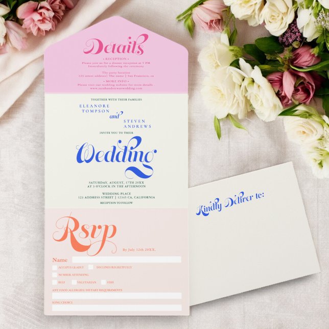 Retro boho blau pink elegante Drehbuch-Hochzeit All In One Einladung (Retro boho blue pink elegant script chic wedding all in one invitation)
