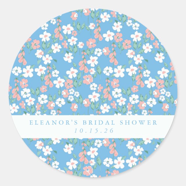 Retro Boho Blue Ditsy Floral Custom Brautparty Runder Aufkleber (Vorderseite)