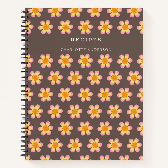 Retro Boho Blume Braun Personalisiertes Rezept Notizbuch (Vorderseite)