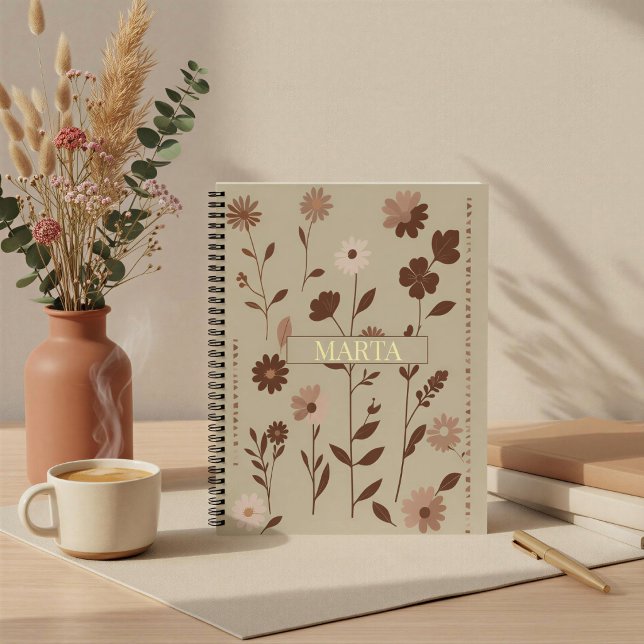 Retro Boho Blumenmuster mit individuellem Namen Notizbuch (Von Creator hochgeladen)