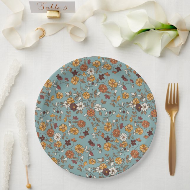 Retro-Boho-Blumenmuster  Pappteller (Hochzeit)