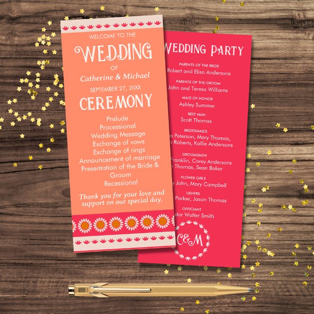 Retro Boho Blumenrosa und orange farbige Hochzeit Programm (Von Creator hochgeladen)