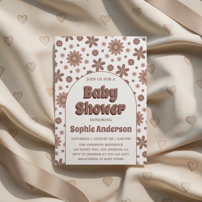 Retro Boho Brown Arch Daisy Floral Baby Shower Einladung (Von Creator hochgeladen)