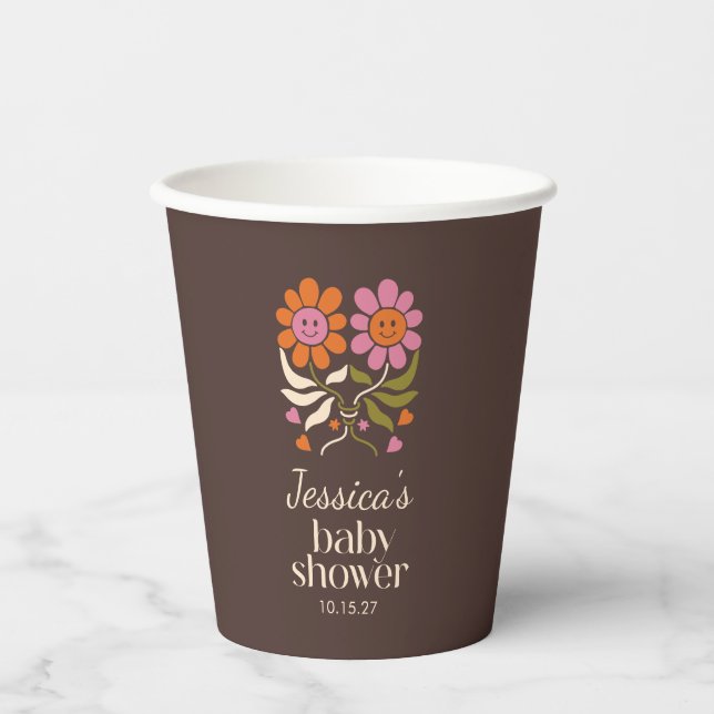Retro Boho Brown Blume Groovy Babydusche nach Maß Pappbecher (Vorderseite)