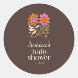 Retro Boho Brown Blume Groovy Babydusche nach Maß Runder Aufkleber