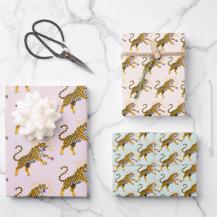 Retro Boho Brüllender Tiger Orange Pink Geschenkpapier Set