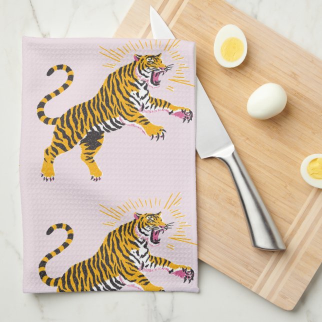 Retro Boho Brüllender Tiger Orange Pink Geschirrtuch (Viertel Falte)