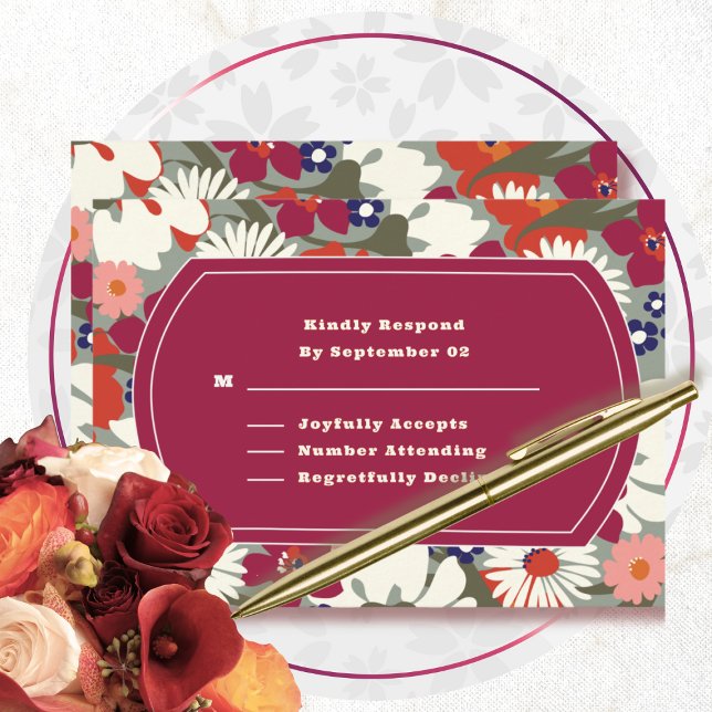Retro Boho Chic Florales Burgunder Hochzeit RSVP (Von Creator hochgeladen)