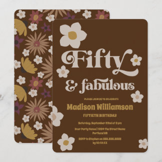 Retro Boho Chocolate Brown 50 & Fabulous Birthday Einladung