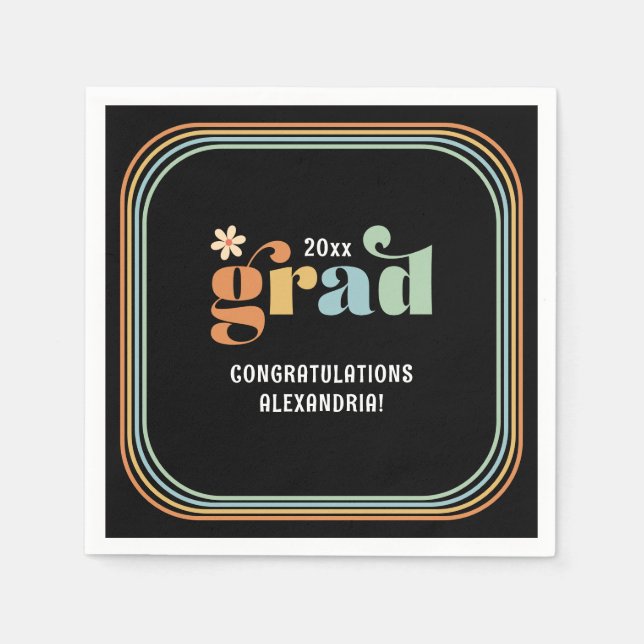 Retro Boho Daisy 2025 Grad Black Party Napkins Serviette (Vorderseite)