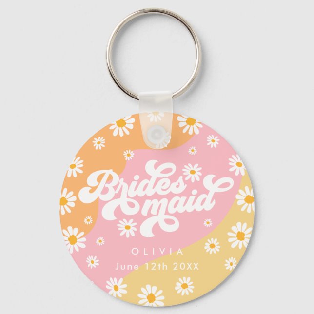 Retro Boho Daisy Personalisiert Bridesmaid Gift Schlüsselanhänger (Vorderseite)