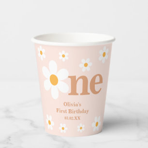 Retro Boho Daisy Pink Erster Geburtstag Pappbecher