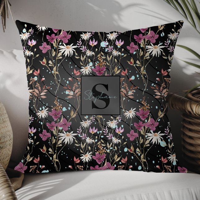 Retro Boho Elegante Wildblumen Monogramm Kissen (Von Creator hochgeladen)