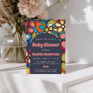 Retro Boho Farbige 70er Blumen Baby Shower Party Einladung