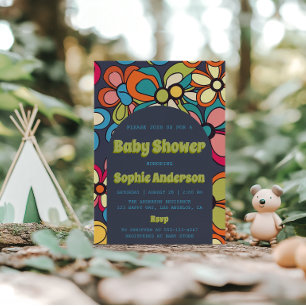 Retro Boho Farbige 70er Blumen Baby Shower Party Einladung