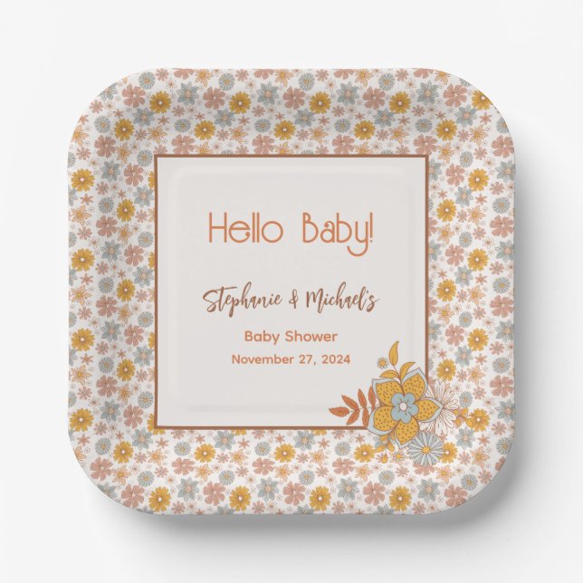 Retro Boho Floral Baby Shower Gender neutral Pappteller (Vorderseite)
