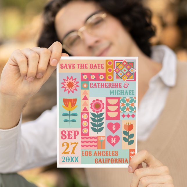 Retro Boho Floral Bold & Bright QR Code Wedding Save The Date (Von Creator hochgeladen)