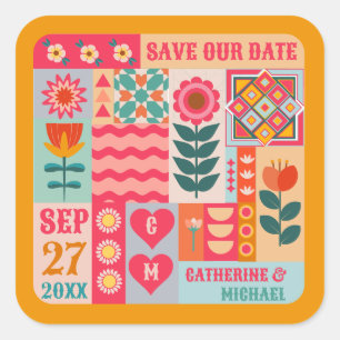 Retro Boho Floral Bold und Bright Save the Date Quadratischer Aufkleber