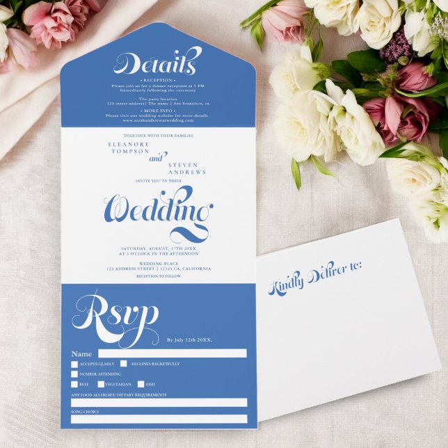 Retro boho französisch-elegante Drehbuch-Chic-Hoch All In One Einladung (Retro boho french blue elegant script chic wedding all in one invitation)