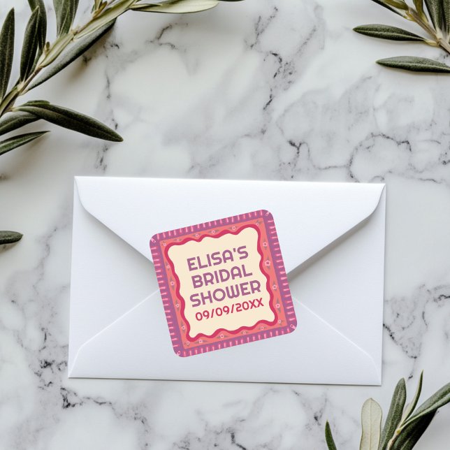 Retro Boho Fun Handmade CUSTOM Brautparty Quadratischer Aufkleber (Retro Boho Fun Handmade CUSTOM Bridal Shower Square Sticker
)