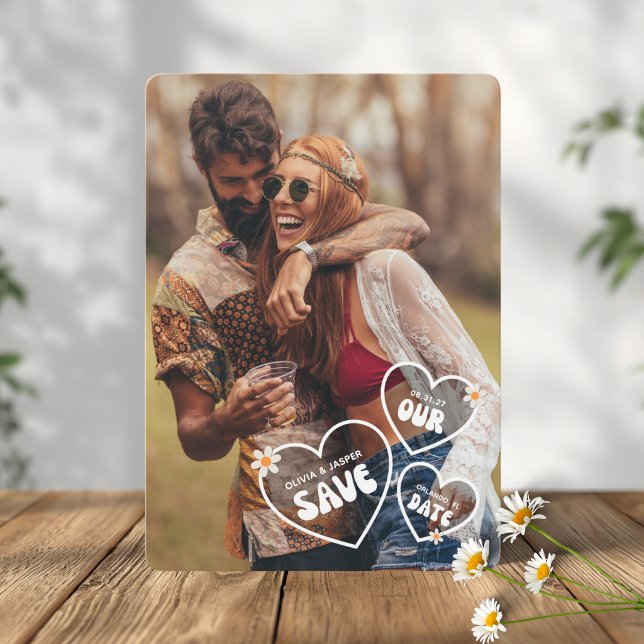 Retro Boho Gänseblümchen Foto Save the Date Karte (Funky Retro Wedding Save The Date Card)