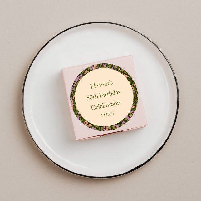 Retro Boho Green Niedlich BlumenCustom 50. Geburts Runder Aufkleber (Von Creator hochgeladen)