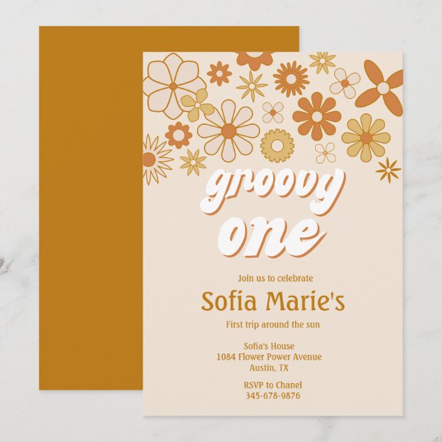 Retro Boho Groovy One Boho Erster Geburtstag Einladung (Vorne/Hinten)