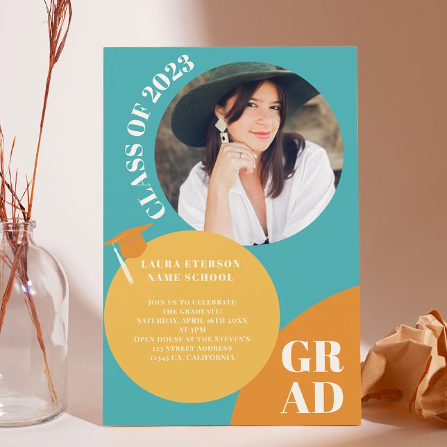 Retro boho Kreis blauer Senf 5 Foto Abschluss Einladung (Von Creator hochgeladen)