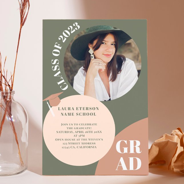 Retro boho Kreis grün braun 5 Foto Abschluss Einladung (Von Creator hochgeladen)