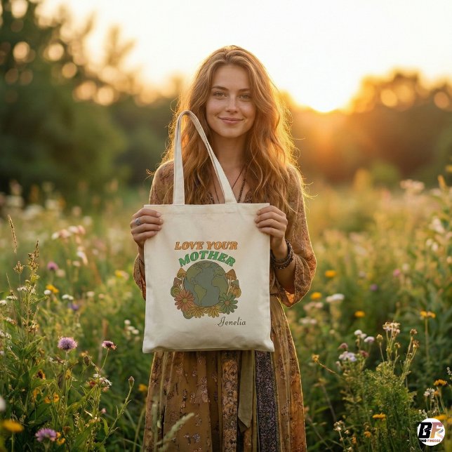 Retro Boho Liebe deine Mutter Earth Day Personalis Tragetasche (Von Creator hochgeladen)