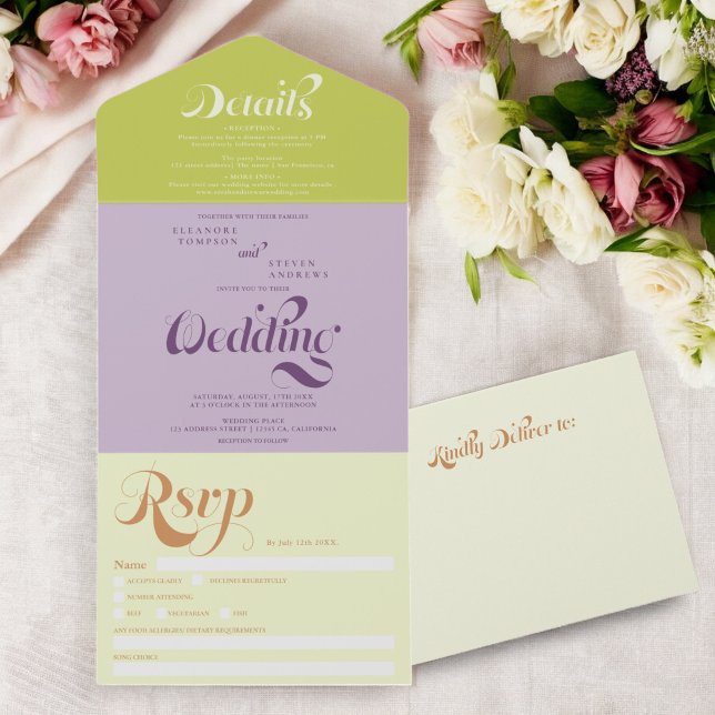 Retro boho lila Drehbuch-Hochzeit All In One Einladung (Retro boho green purple script chic wedding all in one invitation)