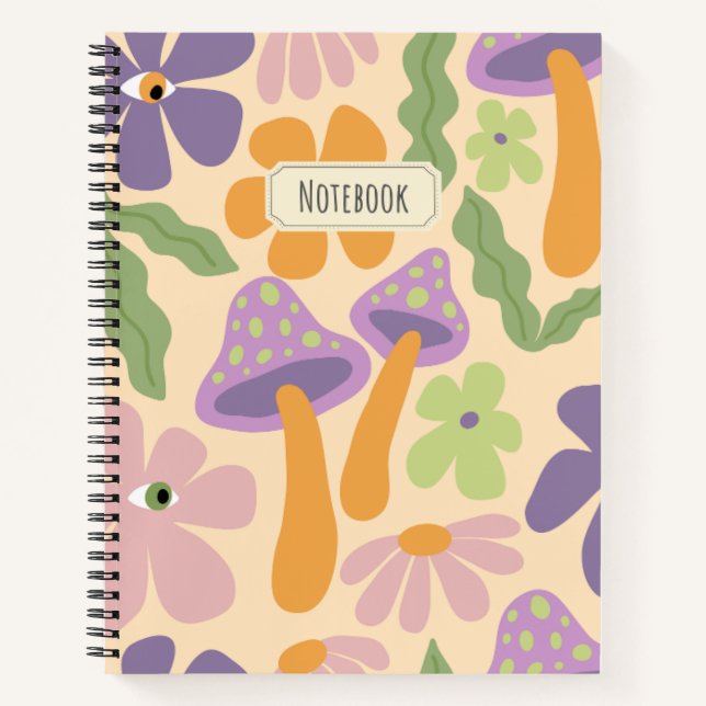 Retro Boho Mushroom-Muster Notizbuch (Vorderseite)