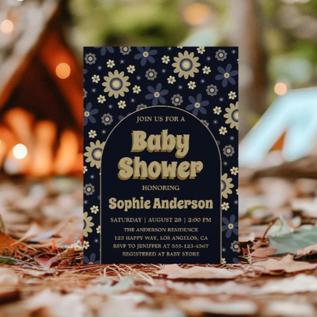 Retro Boho Navy Floral Arch Baby Shower Einladung (Von Creator hochgeladen)