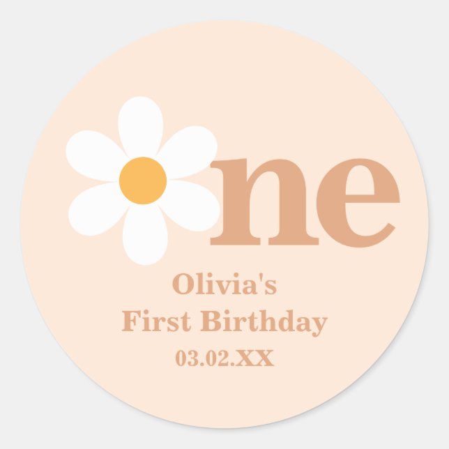 Retro Boho One Daisy Erster Geburtstag Runder Aufkleber (Vorderseite)